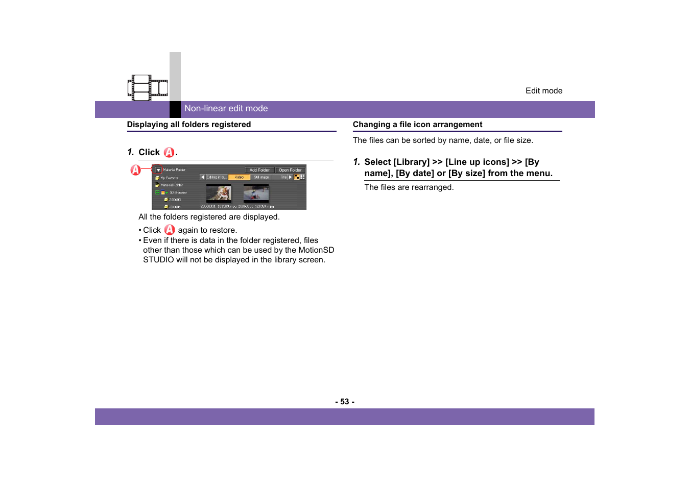 Displaying all folders registered, Changing a file icon arrangement, Te: “displaying all folders registered | Panasonic -eng User Manual | Page 53 / 249