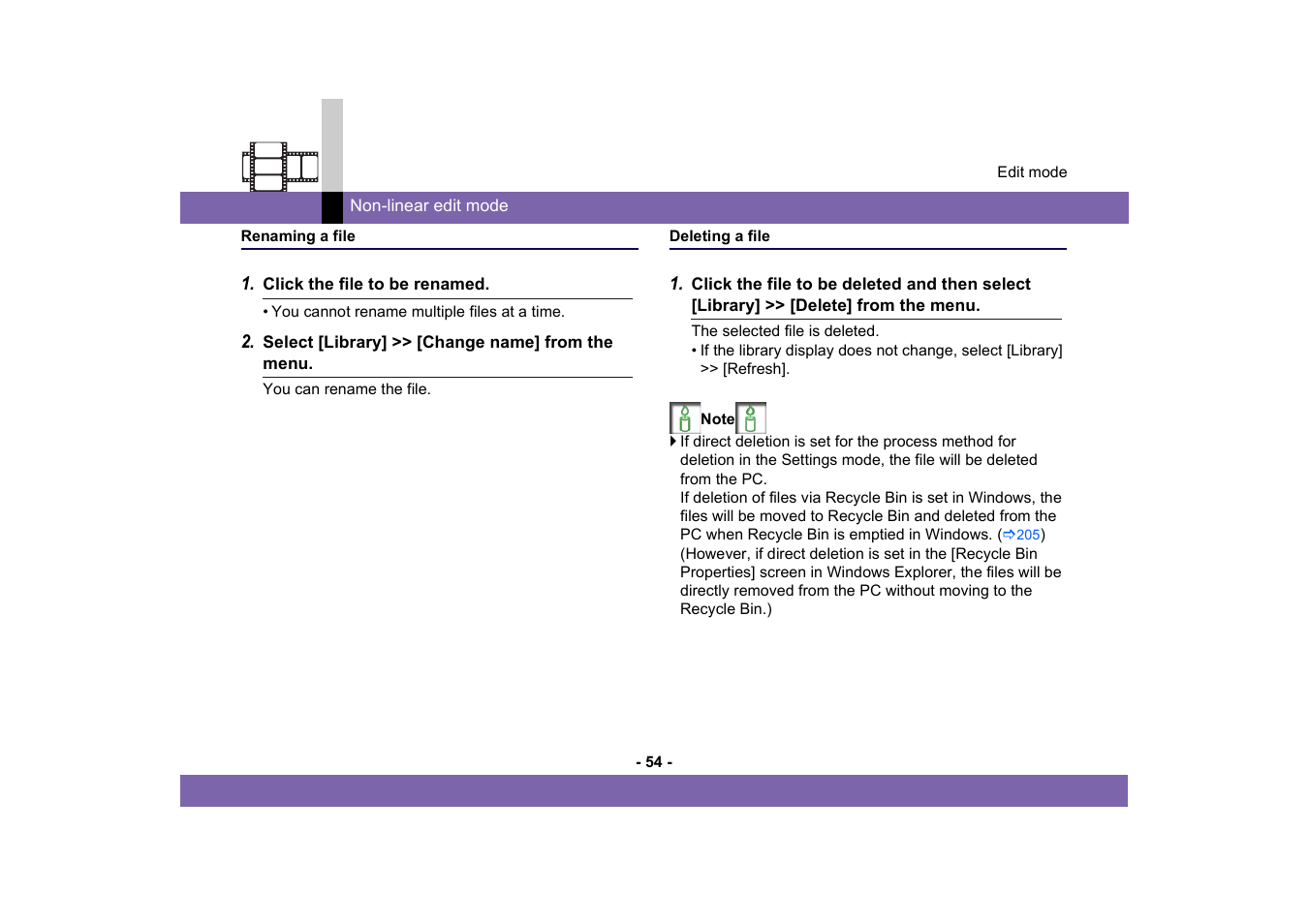 Renaming a file, Deleting a file, Renaming a file deleting a file | Panasonic -eng User Manual | Page 54 / 249