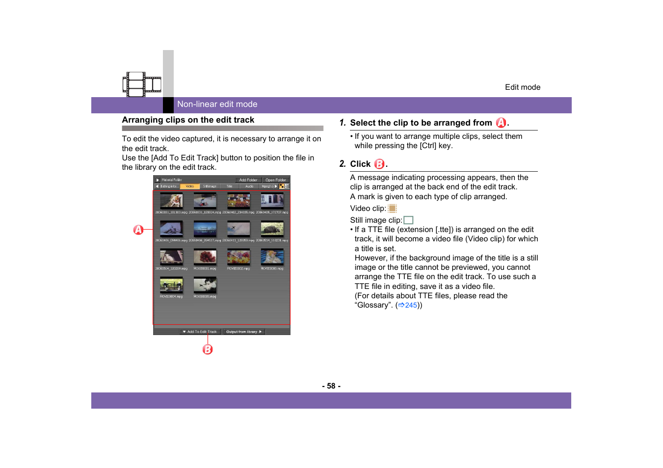 Arranging clips on the edit track | Panasonic -eng User Manual | Page 58 / 249