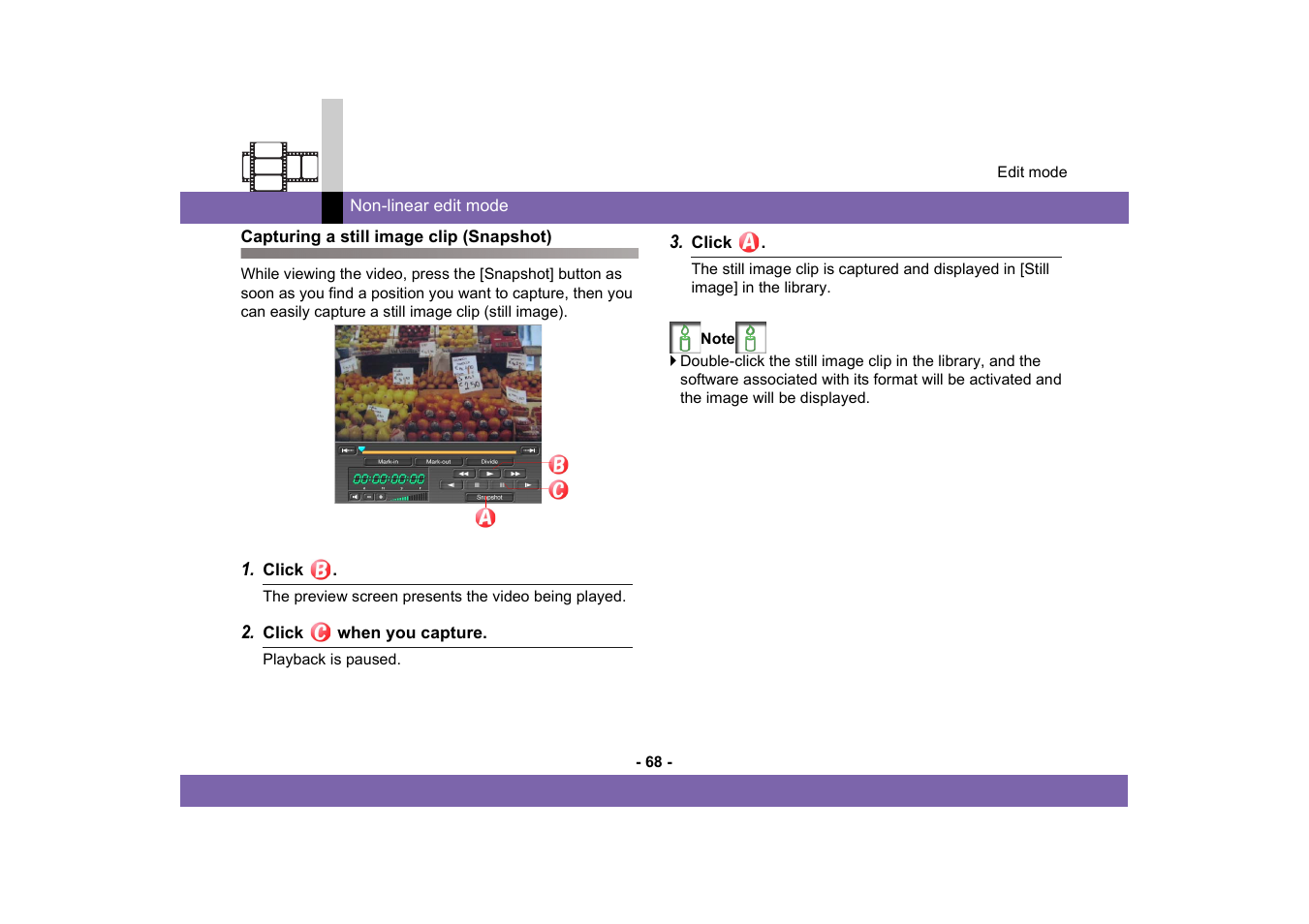 Capturing a still image clip (snapshot) | Panasonic -eng User Manual | Page 68 / 249