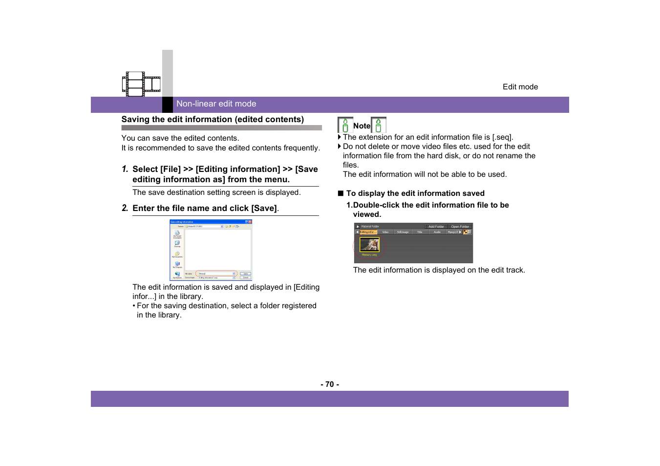 Saving the edit information (edited contents) | Panasonic -eng User Manual | Page 70 / 249