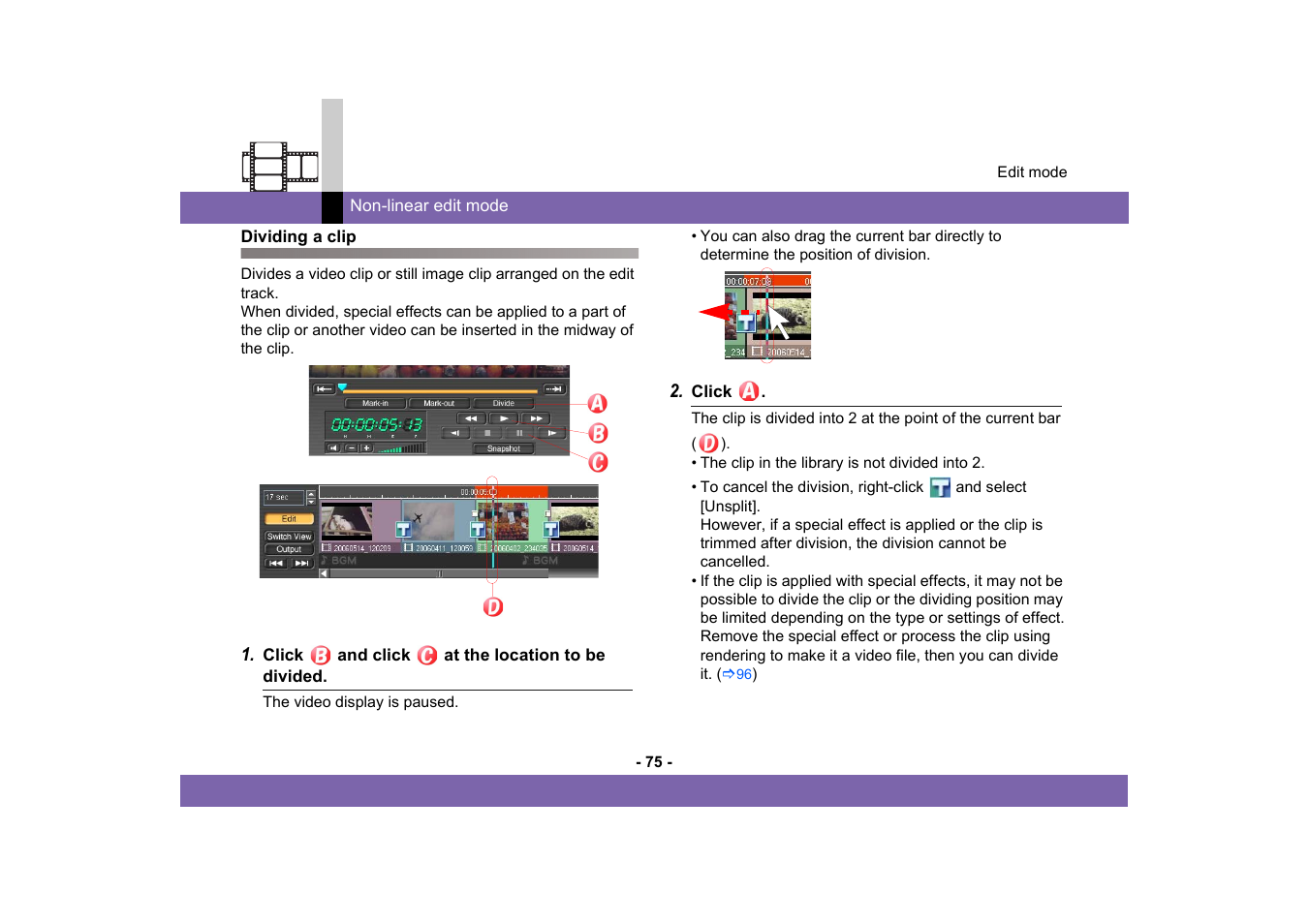 Dividing a clip | Panasonic -eng User Manual | Page 75 / 249