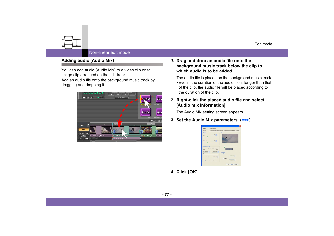 Adding audio (audio mix) | Panasonic -eng User Manual | Page 77 / 249