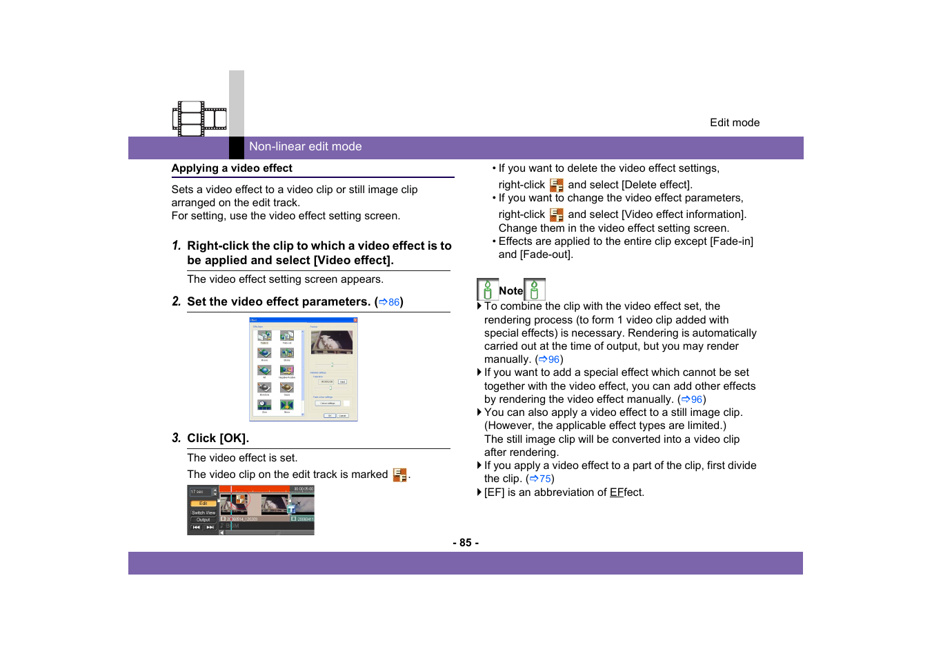 Applying a video effect | Panasonic -eng User Manual | Page 85 / 249