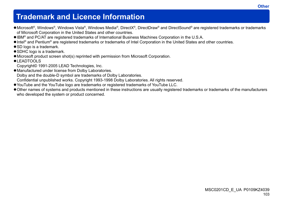 Trademark and licence information | Panasonic -eng User Manual | Page 103 / 103