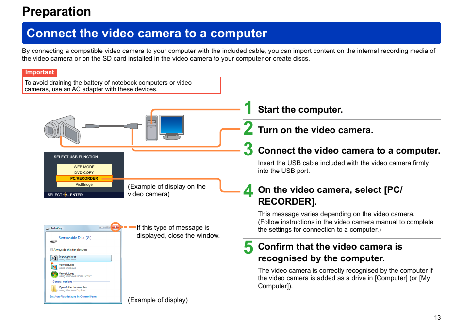 Preparation, Connect the video camera to a computer, Preparation connect the video camera to a computer | Panasonic -eng User Manual | Page 13 / 103