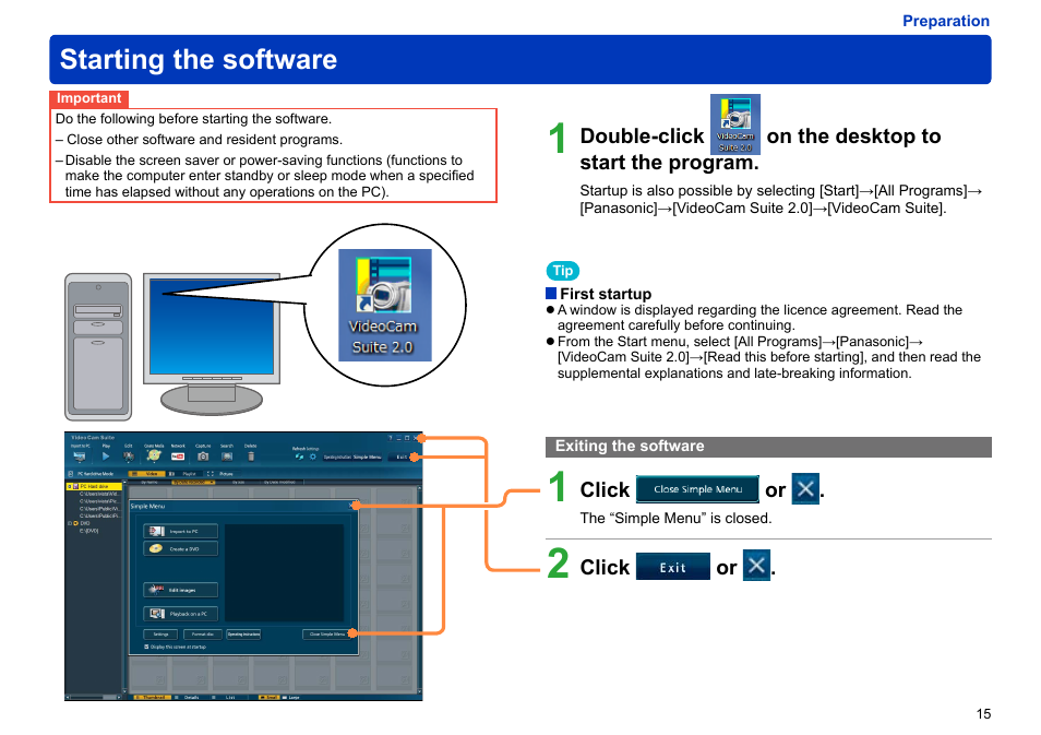 Starting the software, Exiting the software, Exiting the software ………………………………………… 15 | Panasonic -eng User Manual | Page 15 / 103