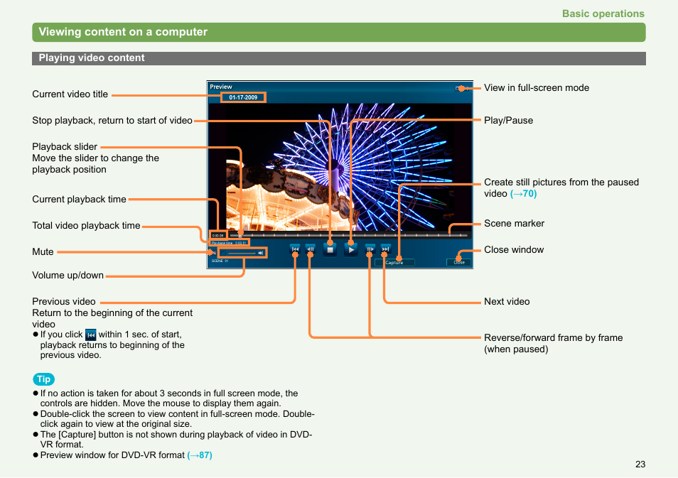 Playing video content, Playing video content ………………………………………… 23 | Panasonic -eng User Manual | Page 23 / 103