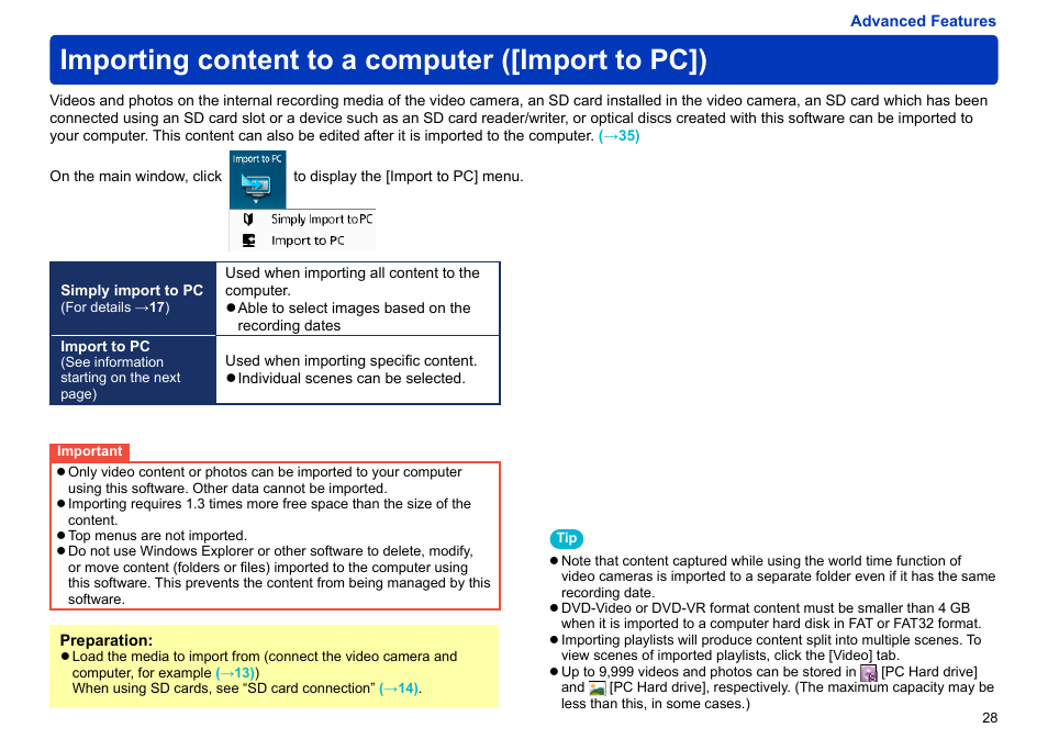 Importing content to a computer ([import to pc]), Importing to a computer (→28) | Panasonic -eng User Manual | Page 28 / 103