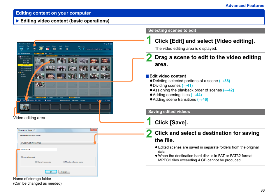 Editing video content (basic operations), Selecting scenes to edit, Saving edited videos | Editing video content (basic operations) ……… 36 | Panasonic -eng User Manual | Page 36 / 103