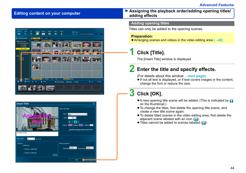 Adding opening titles, Adding opening titles ………………………………………… 44 | Panasonic -eng User Manual | Page 44 / 103