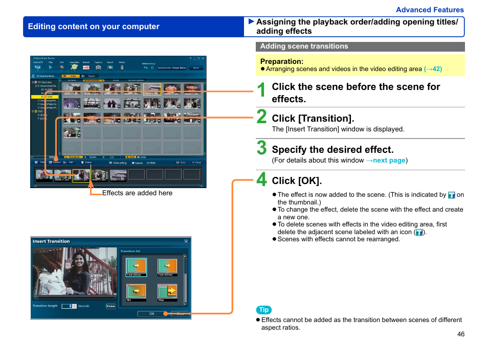 Adding scene transitions, Adding scene transitions …………………………………… 46 | Panasonic -eng User Manual | Page 46 / 103