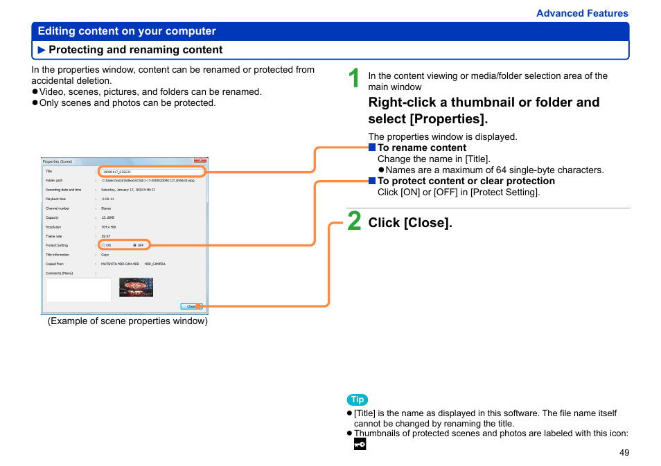 Protecting and renaming content, Protecting and renaming content ……………… 49 | Panasonic -eng User Manual | Page 49 / 103