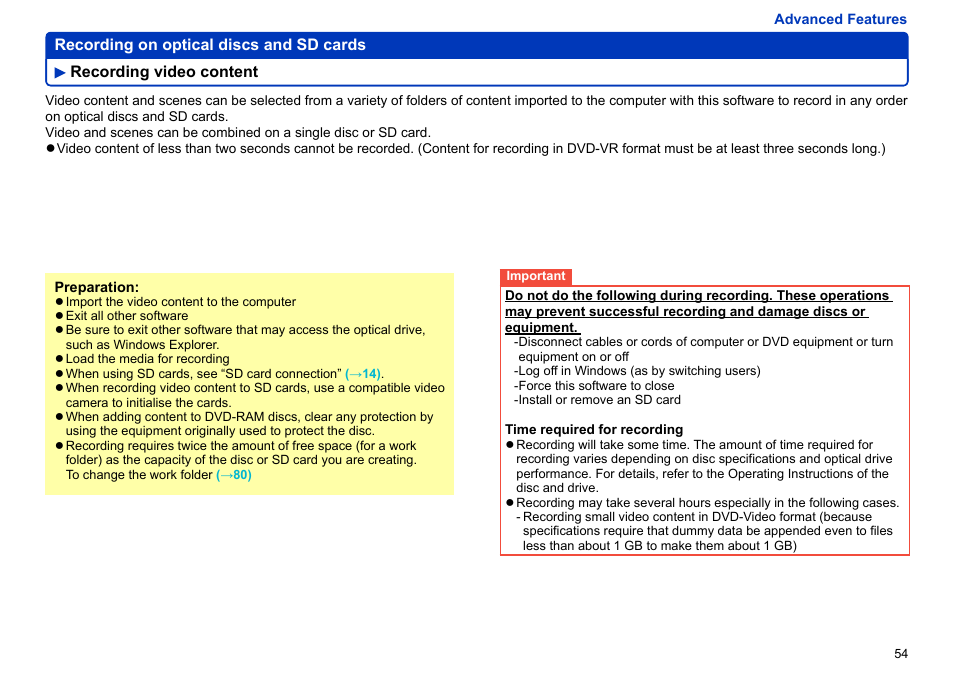 Recording video content, Recording video content ………………………… 54 | Panasonic -eng User Manual | Page 54 / 103