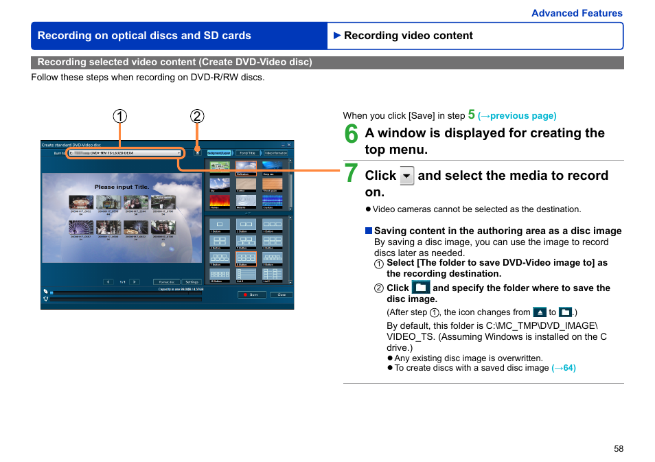 A window is displayed for creating the top menu, Click and select the media to record on | Panasonic -eng User Manual | Page 58 / 103