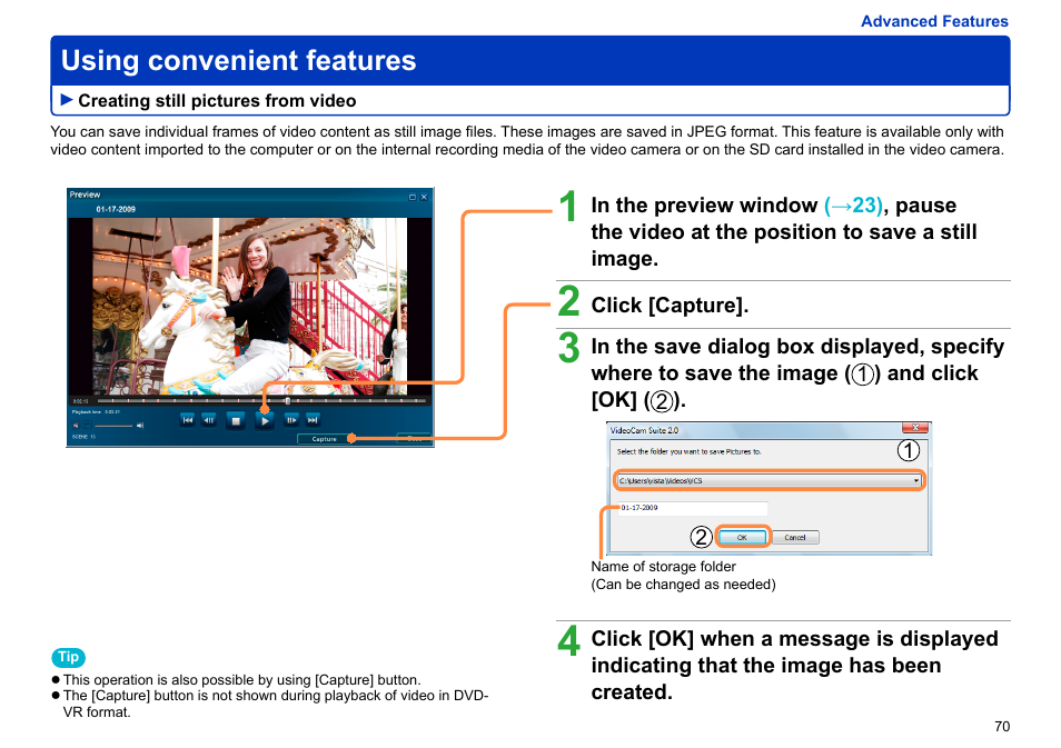 Using convenient features, Creating still pictures from video, Creating still pictures from video ……………… 70 | Panasonic -eng User Manual | Page 70 / 103