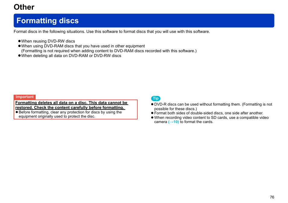 Other, Formatting discs, Other formatting discs | Panasonic -eng User Manual | Page 76 / 103