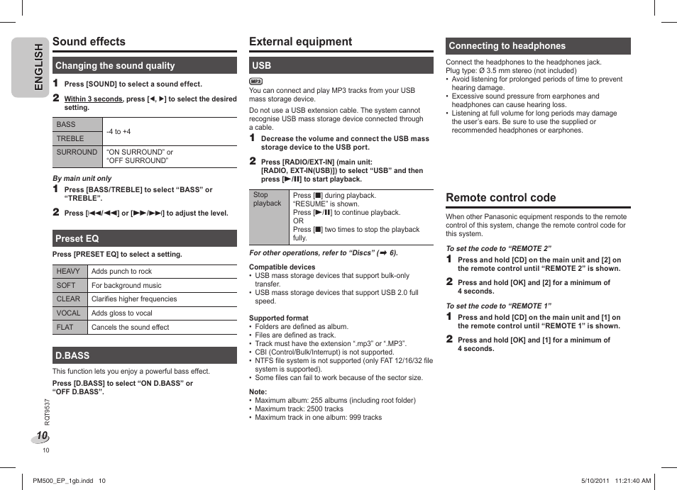 Sound effects, External equipment, Remote control code | Panasonic SC-PM500 User Manual | Page 10 / 72