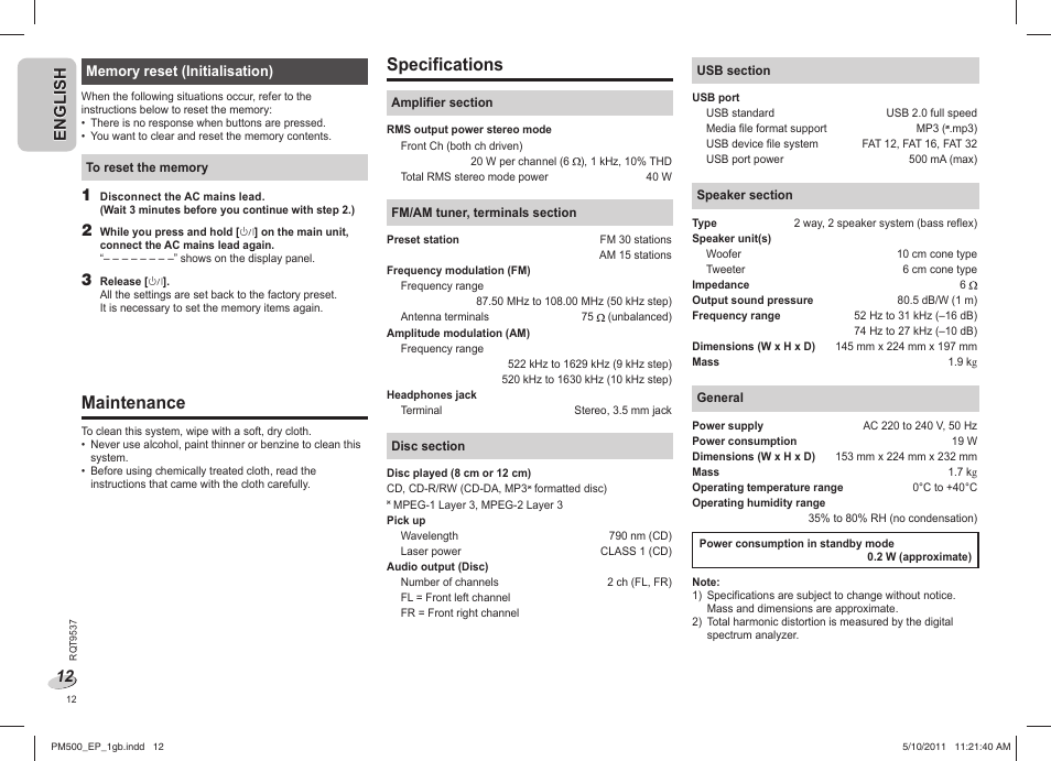 Maintenance, Specifications, En g l is h english | Panasonic SC-PM500 User Manual | Page 12 / 72