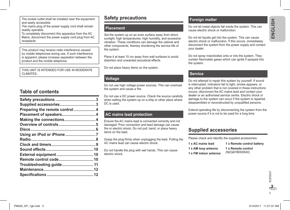 Panasonic SC-PM500 User Manual | Page 3 / 72