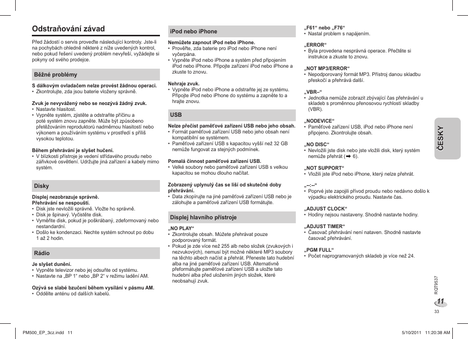 Odstraňování závad | Panasonic SC-PM500 User Manual | Page 33 / 72