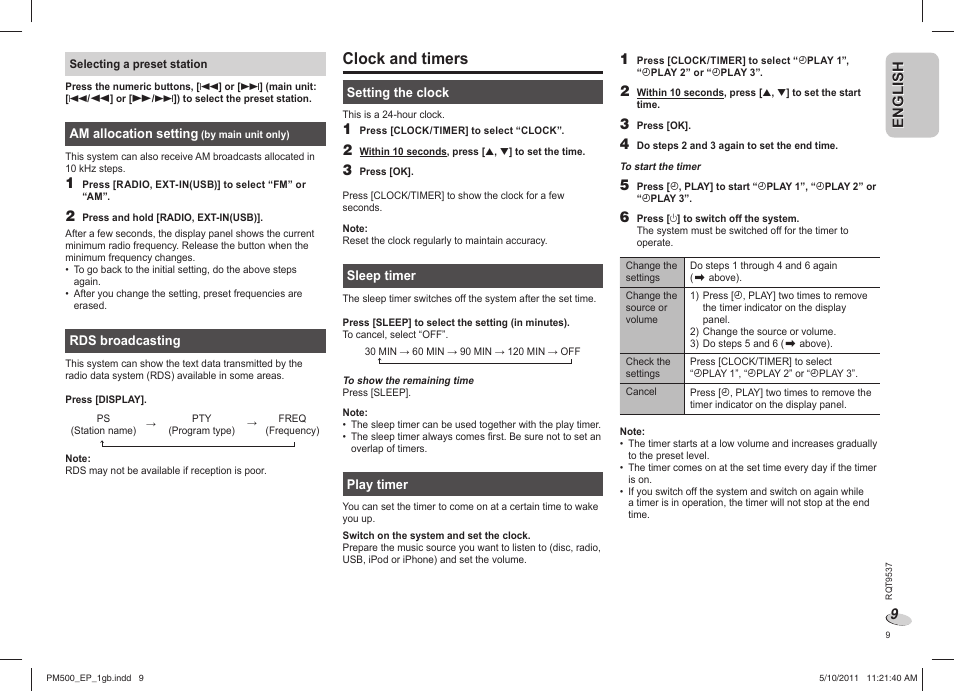 Clock and timers | Panasonic SC-PM500 User Manual | Page 9 / 72