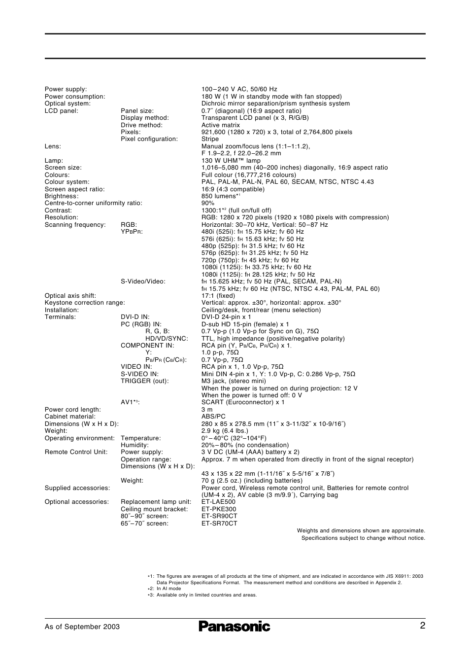 Specifications, Pt-ae500e | Panasonic PT-AE500E User Manual | Page 2 / 4