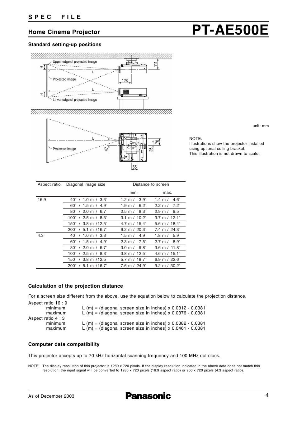 Throw distance, Pt-ae500e | Panasonic PT-AE500E User Manual | Page 4 / 4