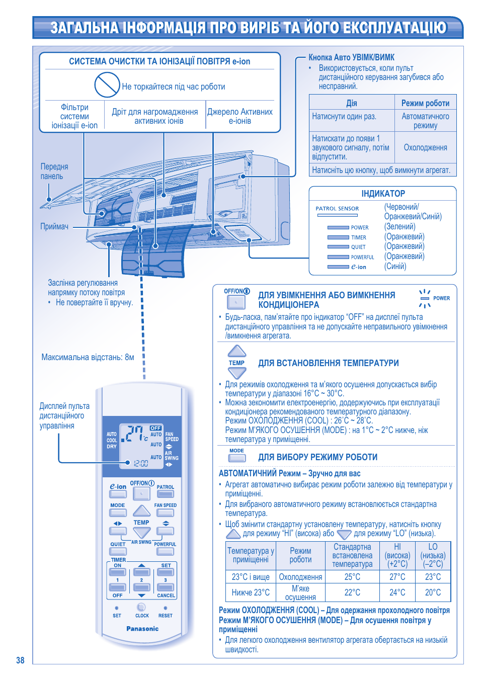 Загальна інформація про виріб та його експлуатацію | Panasonic CS-C18JKD User Manual | Page 38 / 44