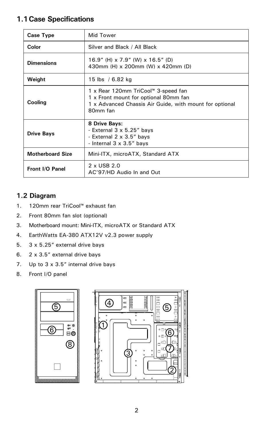 1 case specifications, 2 diagram | Antec NSK 4482B User Manual | Page 4 / 10