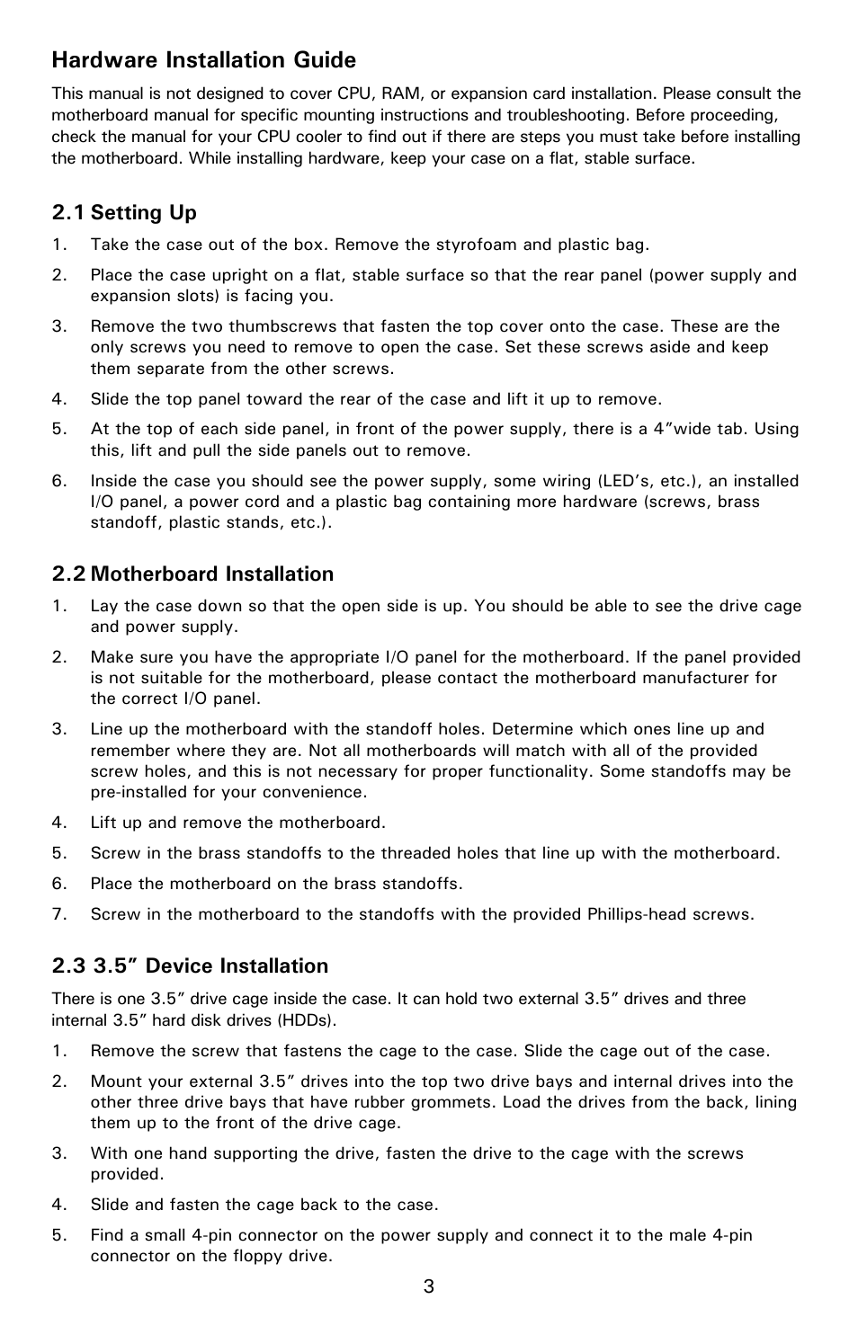 Hardware installation guide, 1 setting up, 2 motherboard installation | 3 3.5” device installation | Antec NSK 4482B User Manual | Page 5 / 10