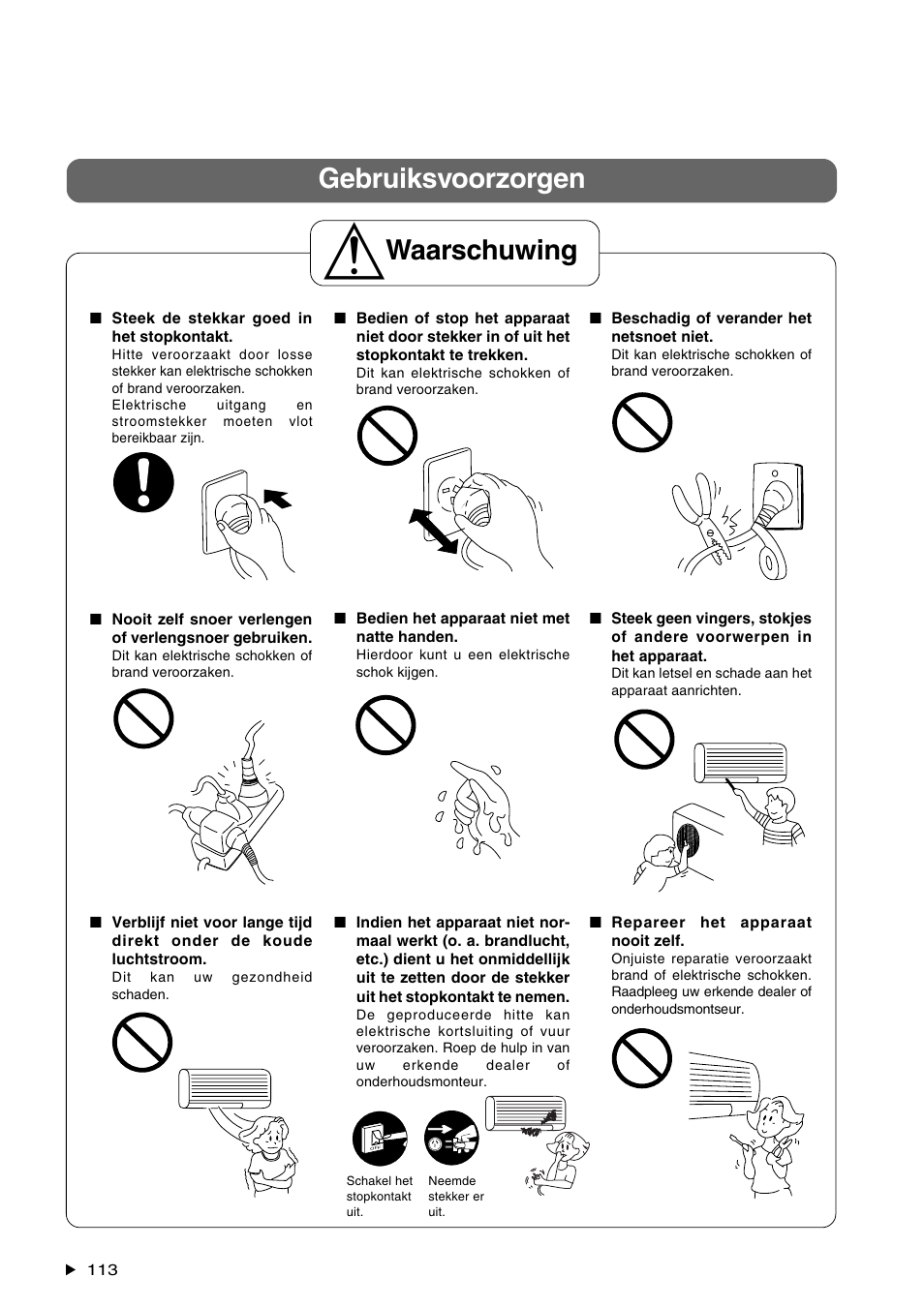 Gebruiksvoorzorgen waarschuwing | Panasonic CS-A28BKP5 User Manual | Page 114 / 202