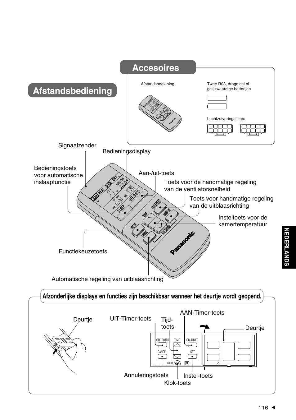 Afstandsbediening, Accesoires, Nederlands | Klok-toets | Panasonic CS-A28BKP5 User Manual | Page 117 / 202