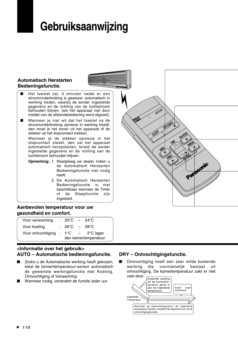 Gebruiksaanwijzing, Automatisch herstarten bedieningsfunctie, Dry – ontvochtigingsfunctie | Panasonic CS-A28BKP5 User Manual | Page 120 / 202