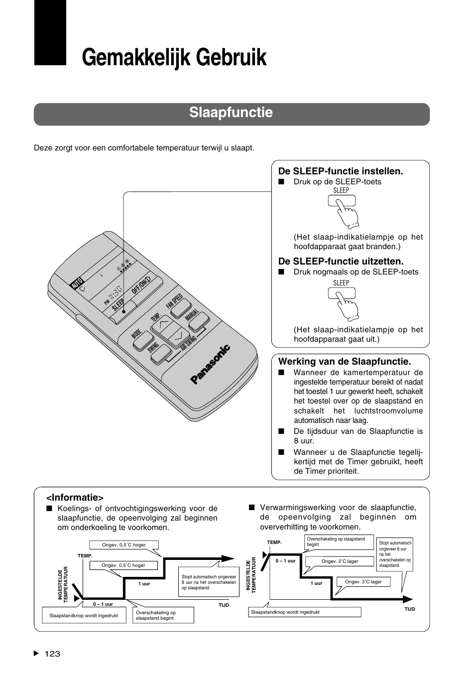 Gemakkelijk gebruik, Slaapfunctie, Werking van de slaapfunctie | De sleep-functie instellen, De sleep-functie uitzetten, Informatie | Panasonic CS-A28BKP5 User Manual | Page 124 / 202