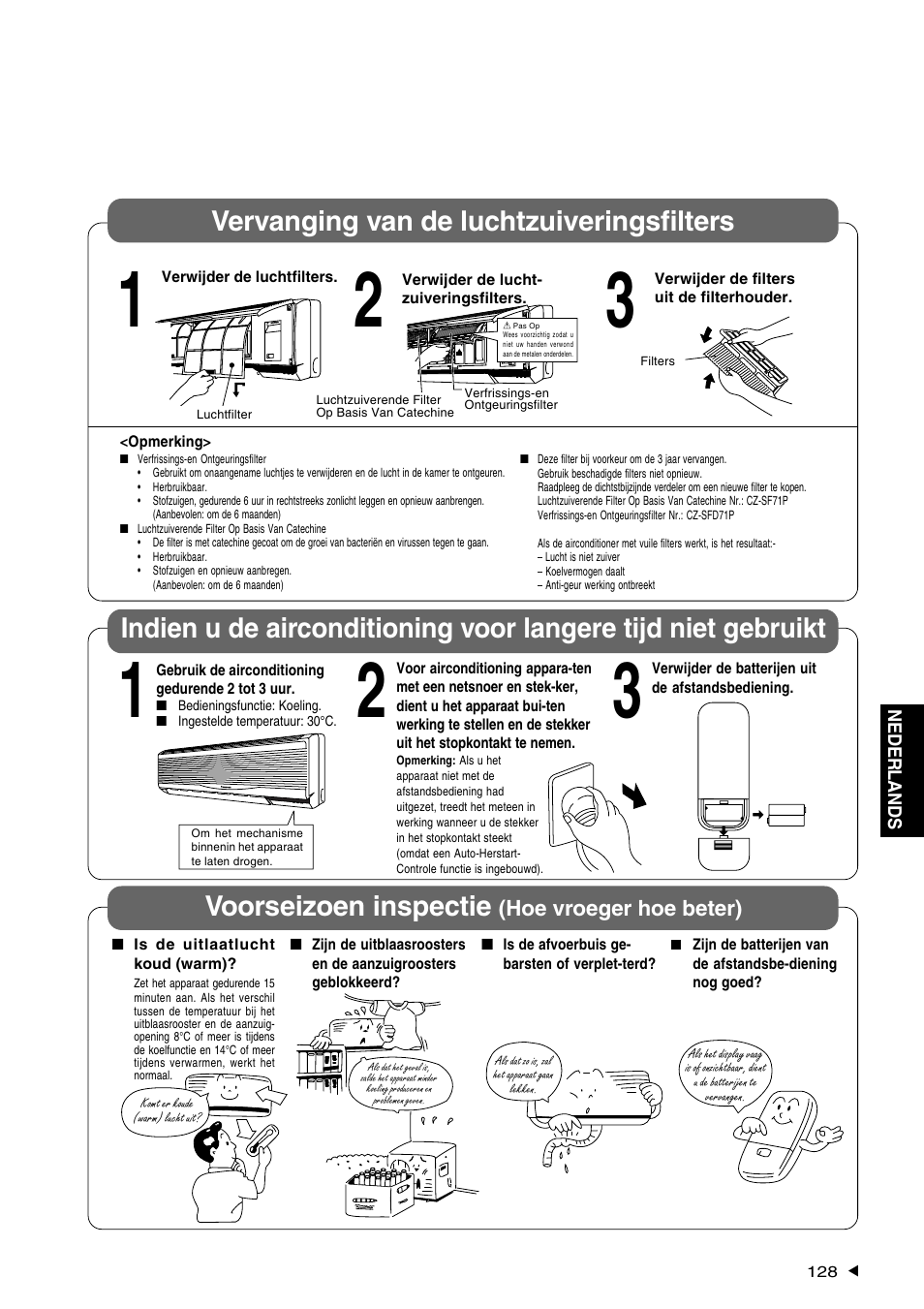 Vervanging van de luchtzuiveringsfilters | Panasonic CS-A28BKP5 User Manual | Page 129 / 202