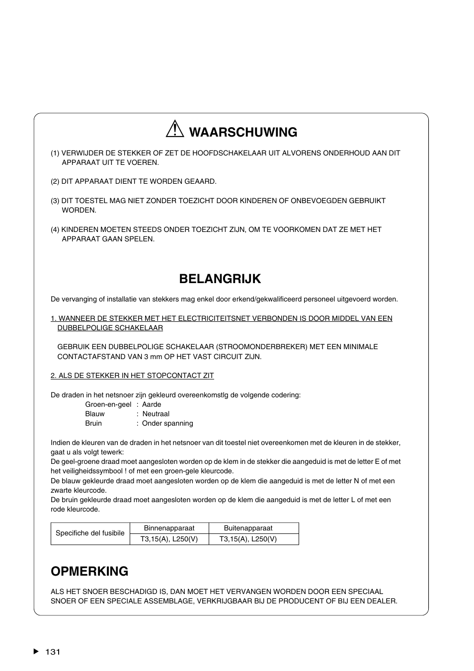 Belangrijk, Opmerking, Waarschuwing | Panasonic CS-A28BKP5 User Manual | Page 132 / 202