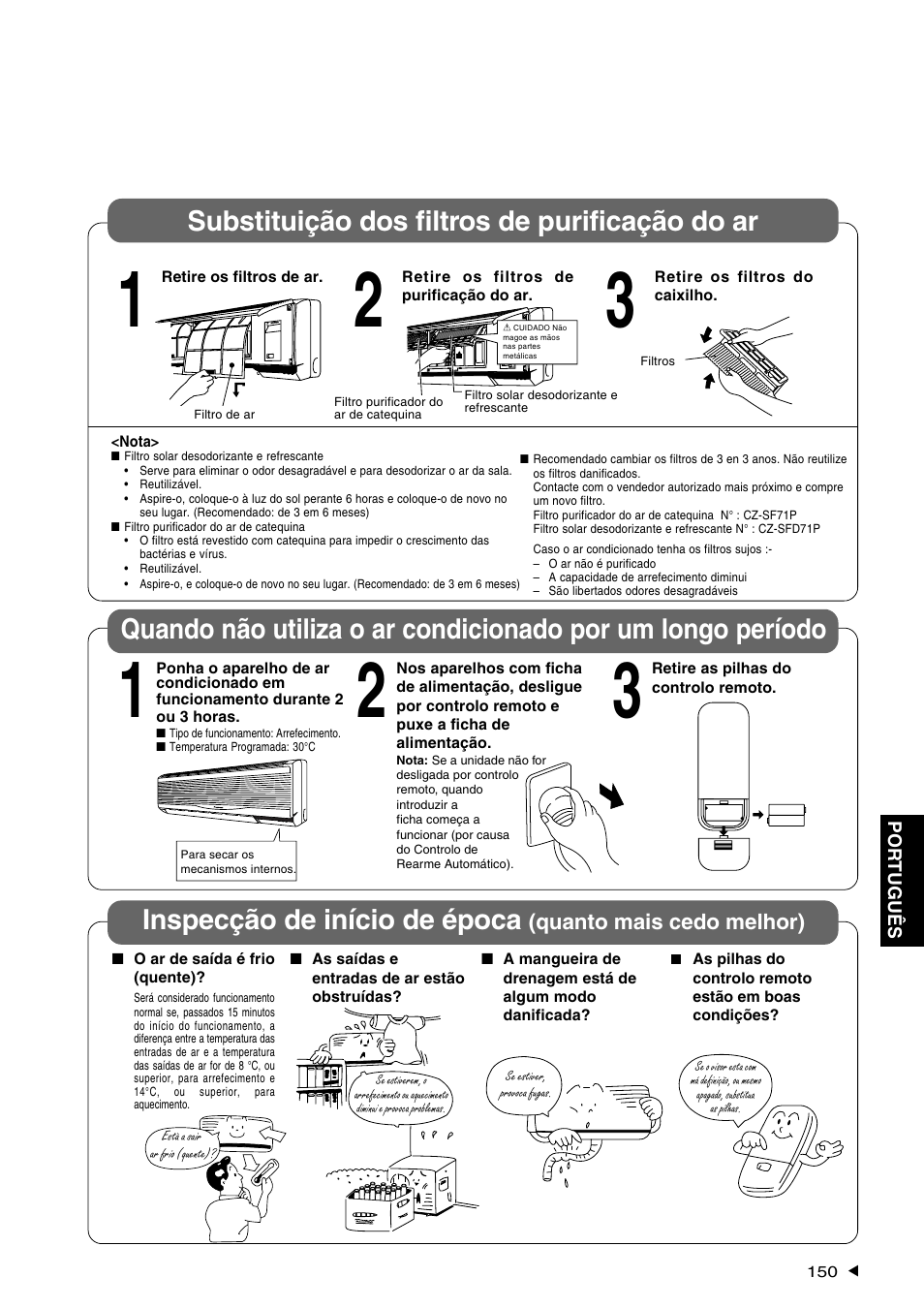 Substituição dos filtros de purificação do ar | Panasonic CS-A28BKP5 User Manual | Page 151 / 202