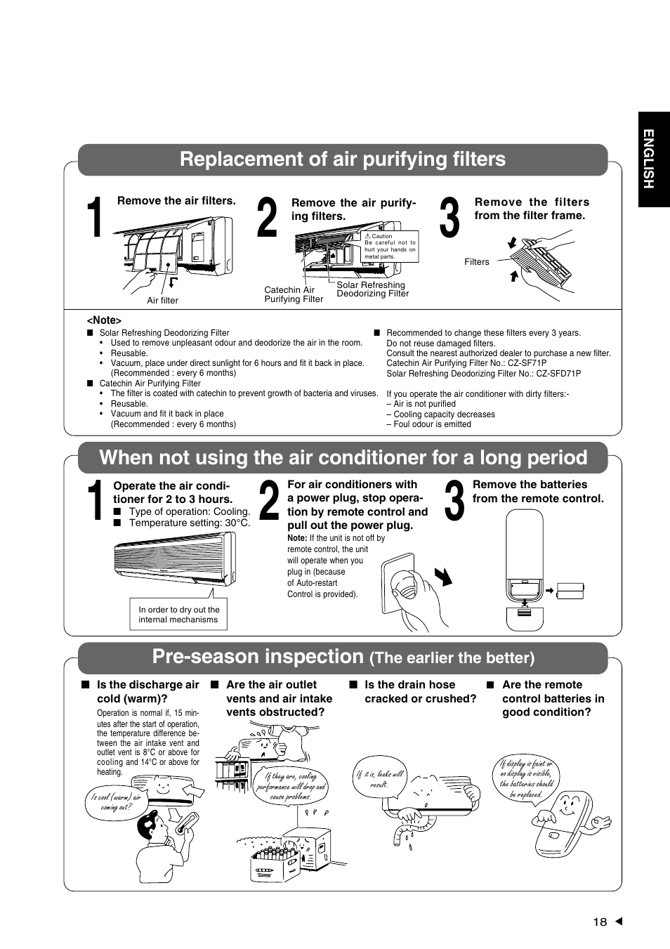 Replacement of air purifying filters | Panasonic CS-A28BKP5 User Manual | Page 19 / 202