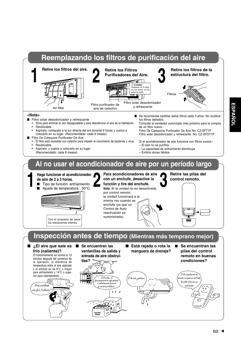 Reemplazando los filtros de purificación del aire | Panasonic CS-A28BKP5 User Manual | Page 63 / 202