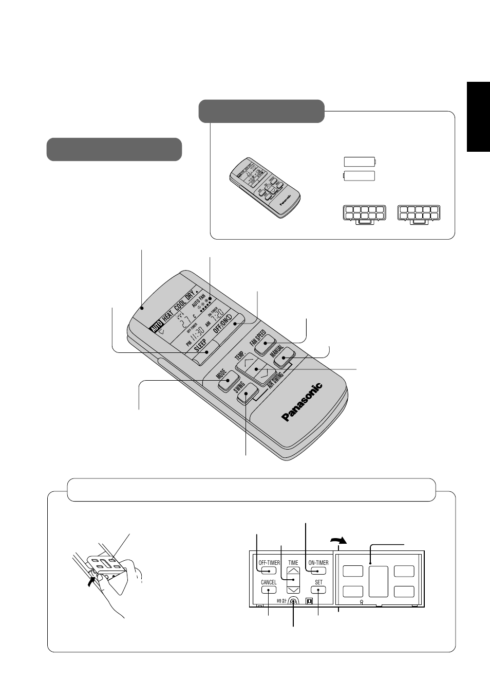 Remote control, Accessories, English | Door off/on button airflow volume selection button, Clock button | Panasonic CS-A28BKP5 User Manual | Page 7 / 202