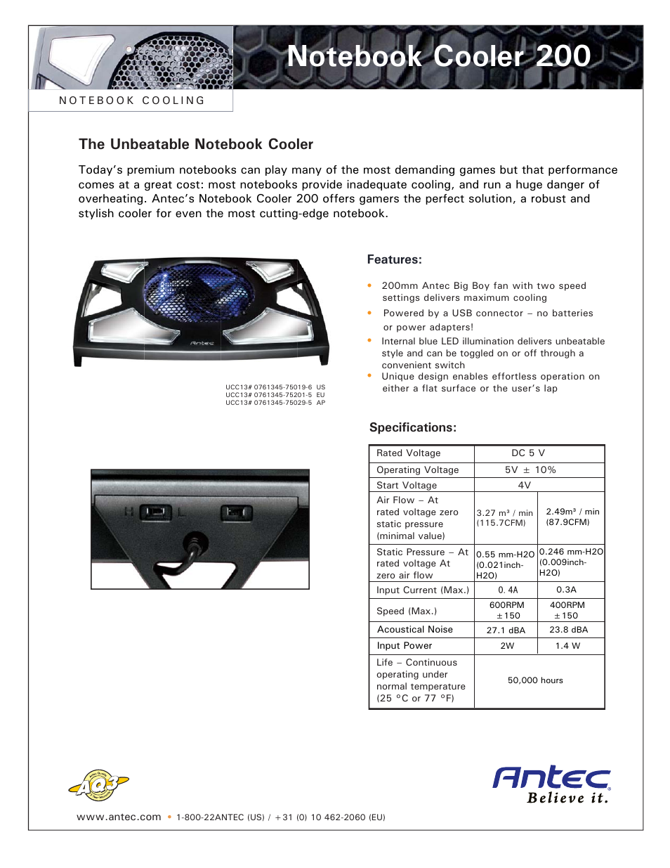 Antec Notebook Cooler 200 User Manual | 1 page