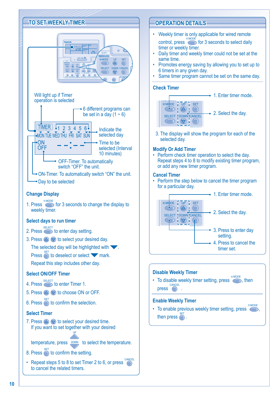 Operation details operation details, On off timer, Change display 1. press | Then press | Panasonic S-28KA1E5 User Manual | Page 10 / 108