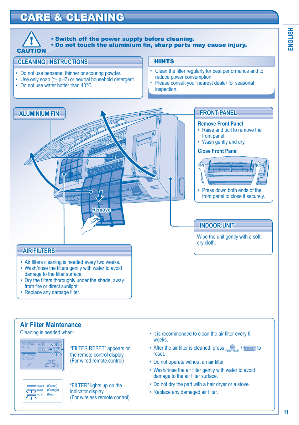 Care & cleaning, Air filter maintenance | Panasonic S-28KA1E5 User Manual | Page 11 / 108