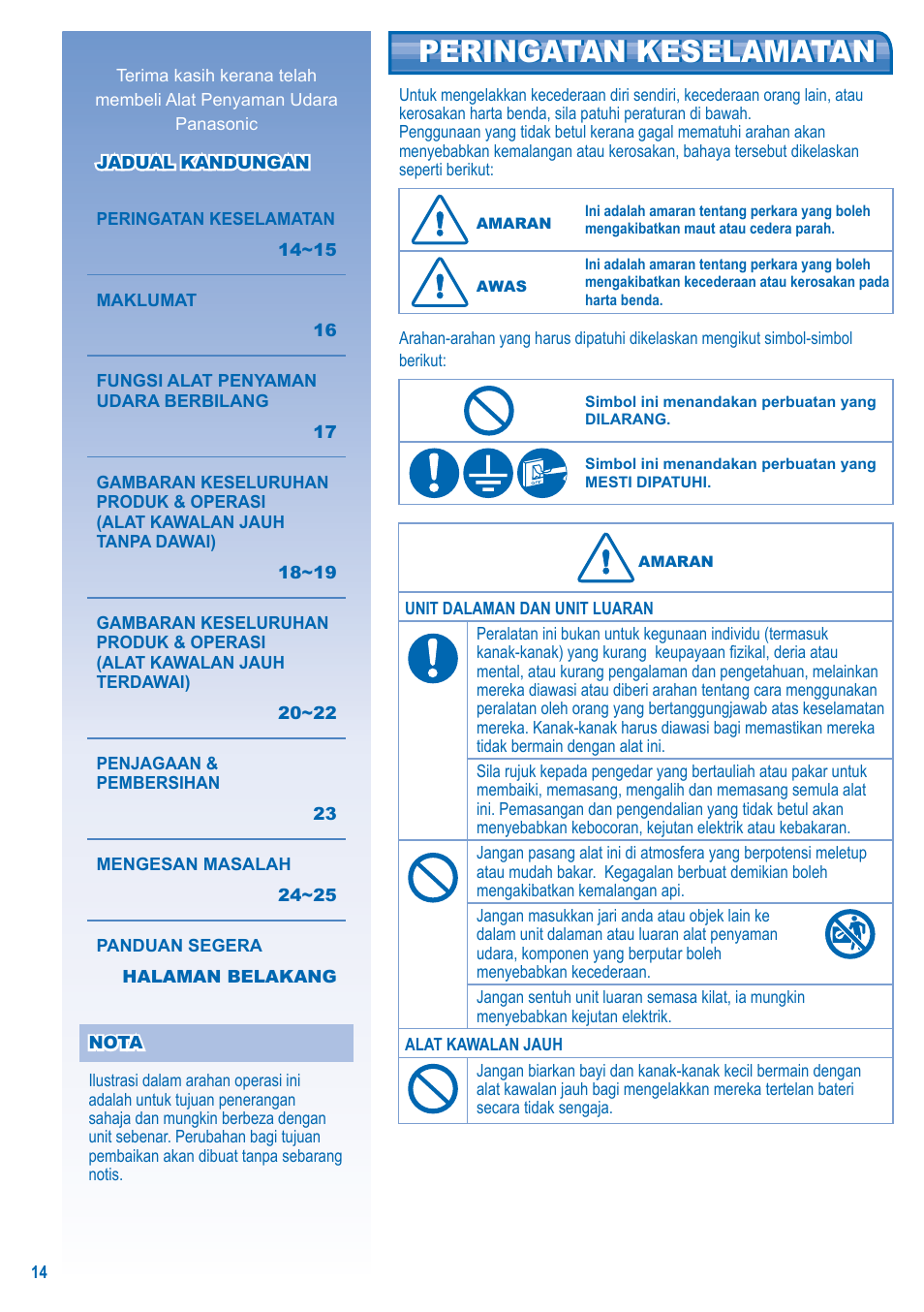 Peringatan keselamatan | Panasonic S-28KA1E5 User Manual | Page 14 / 108