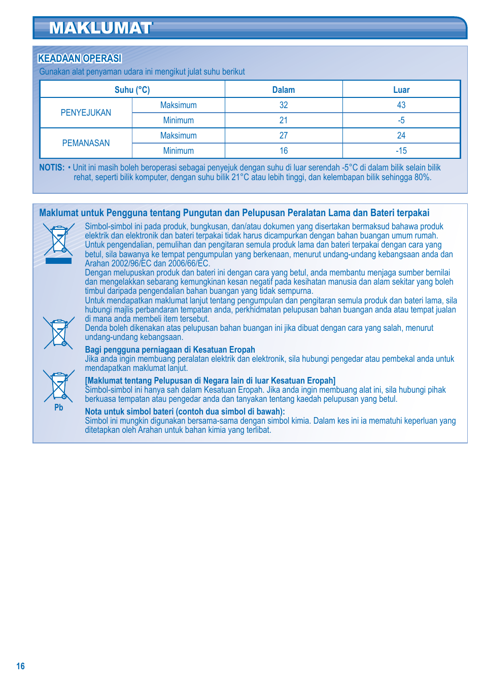 Maklumat | Panasonic S-28KA1E5 User Manual | Page 16 / 108