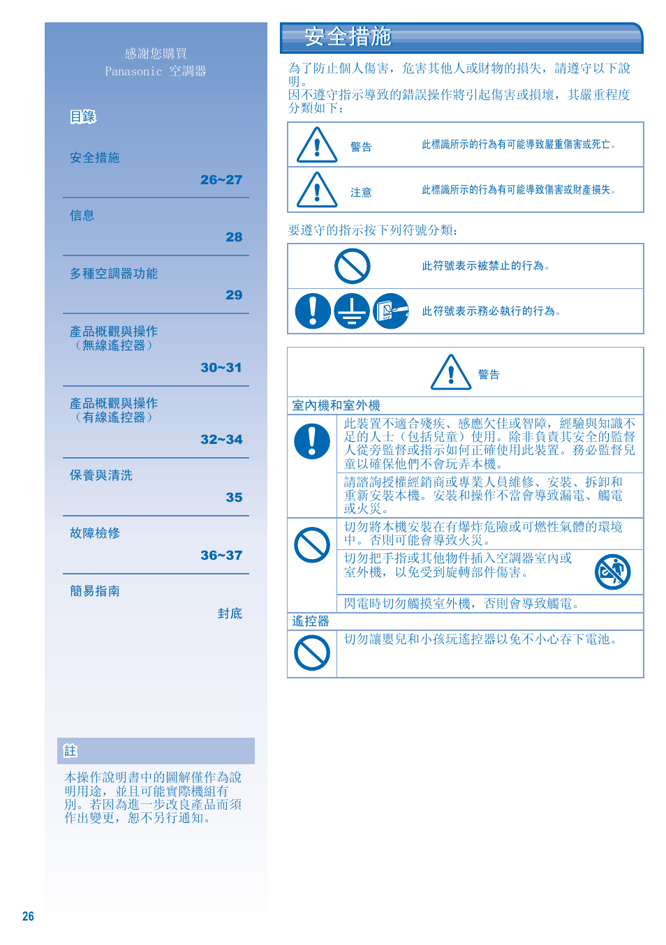 安全措施 | Panasonic S-28KA1E5 User Manual | Page 26 / 108