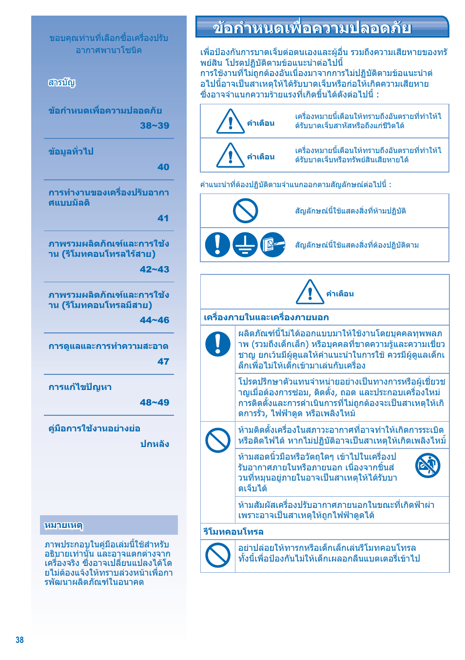 ขอกําหนดเพื่อความปลอดภัย | Panasonic S-28KA1E5 User Manual | Page 38 / 108