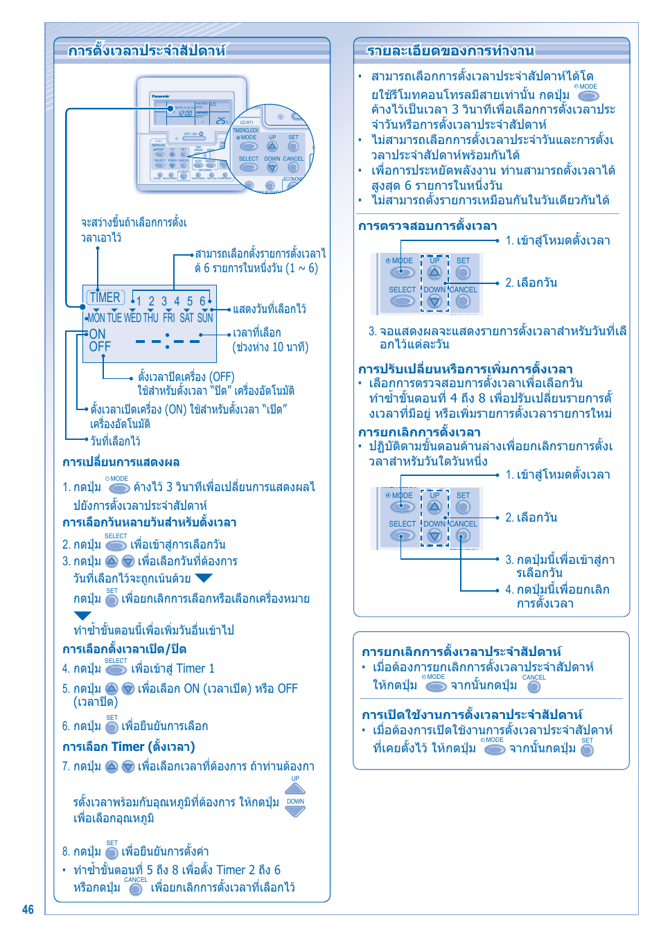 การตั้งเวลาประจําสัปดาห การตั้งเวลาประจําสัปดาห, รายละเอียดของการทํางาน, On off timer | การเปลี่ยนการแสดงผล 1. กดปุม, เพื่อเลือกอุณหภูมิ 8. กดปุม, จากนั้นกดปุม | Panasonic S-28KA1E5 User Manual | Page 46 / 108