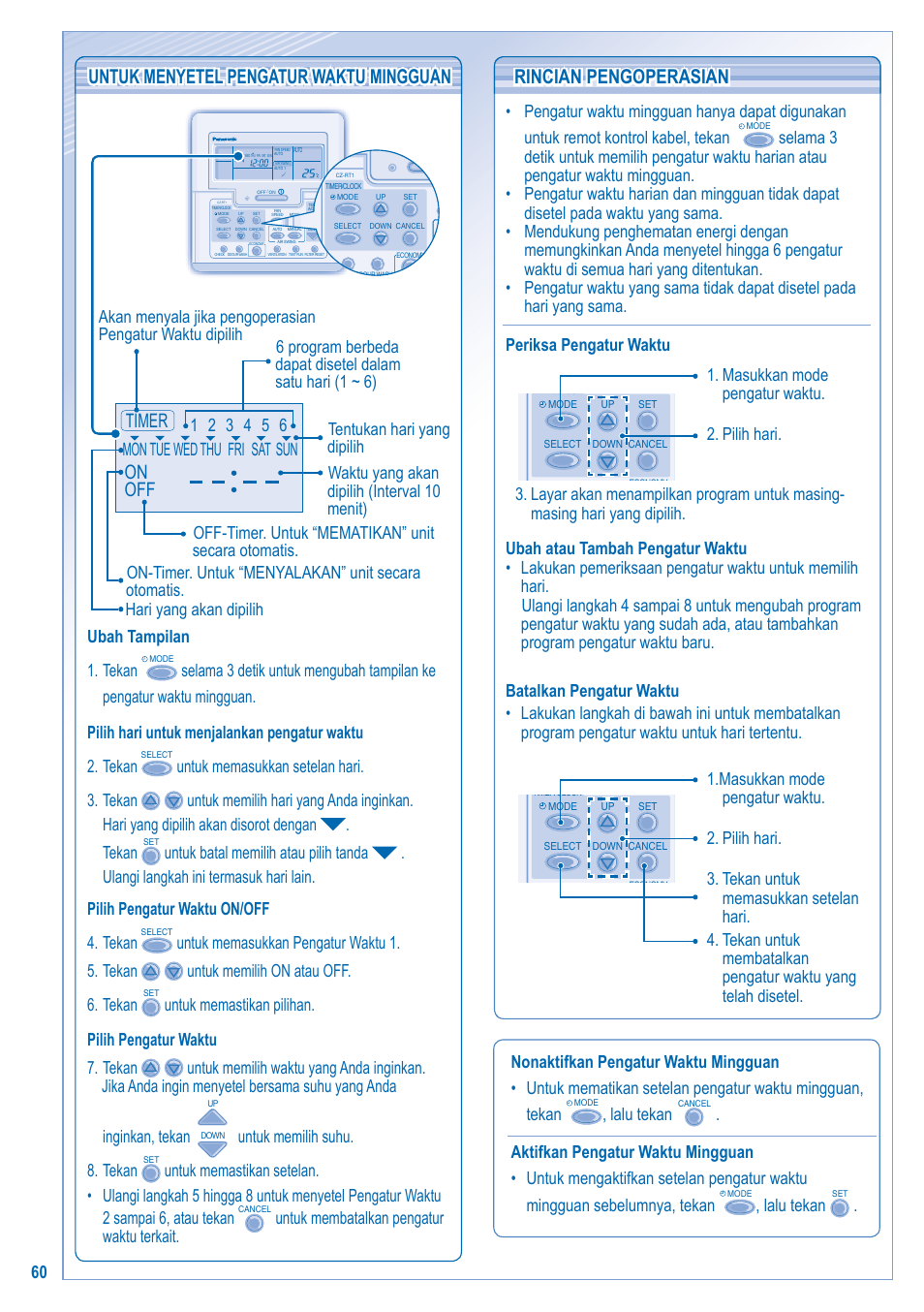 Rincian pengoperasian rincian pengoperasian, On off timer, Ubah tampilan 1. tekan | Untuk memilih suhu. 8. tekan, Lalu tekan | Panasonic S-28KA1E5 User Manual | Page 60 / 108